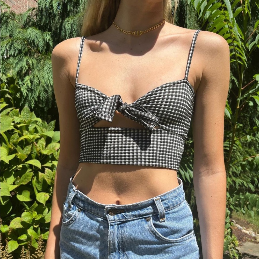 Pretty Little Thing gingham black and white tie crop top